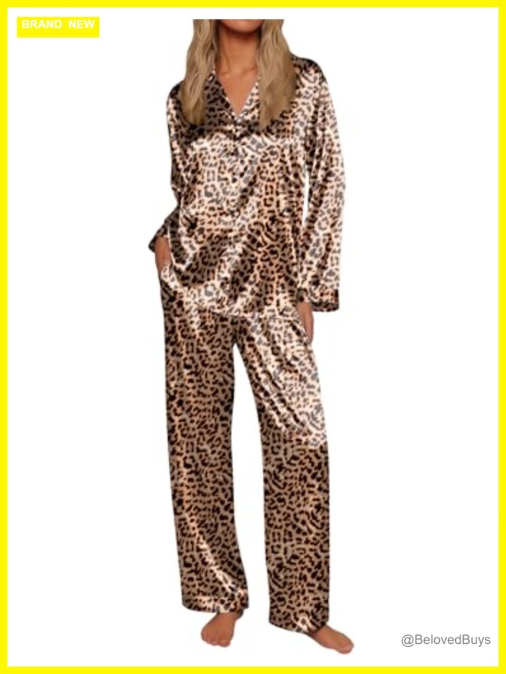 Silk Satin Pajama Set Button Down Long Sleeve Wide Leg Lounge 2 Piece